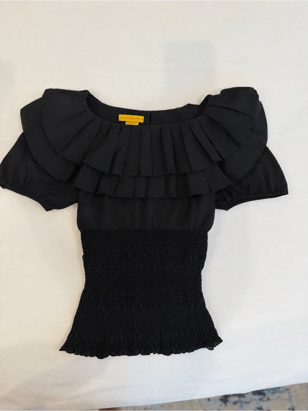 Catherine Malandrino Black Ruffle-Smocked Short Sleeve Top